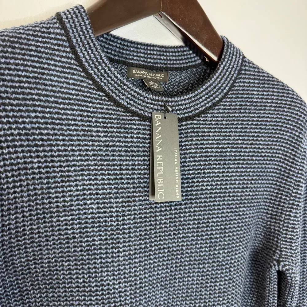 Banana Republic Mens Adrano Striped Italian Wool Blend Sweater Preppy Navy L